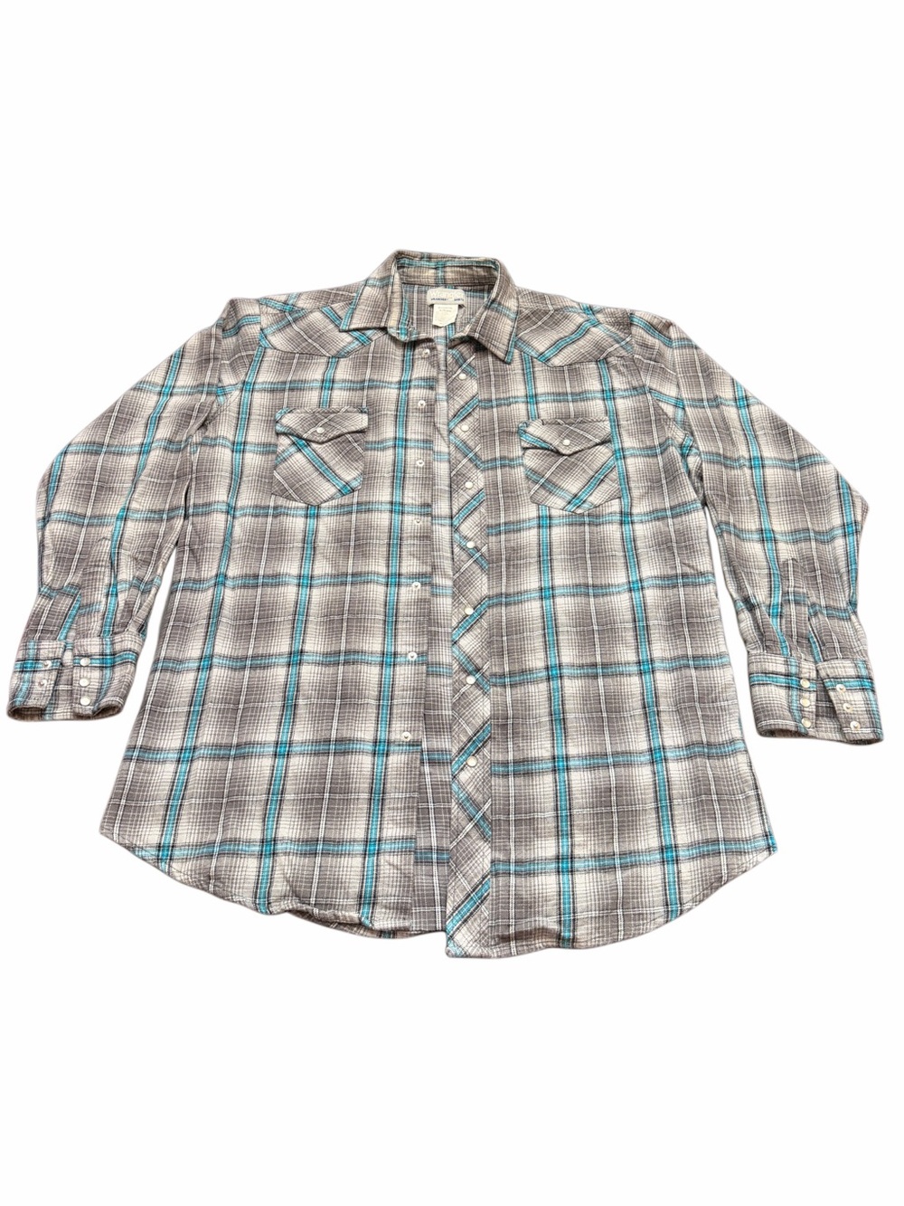 Wrangler Gray Plaid Button-Down with Teal Stripes